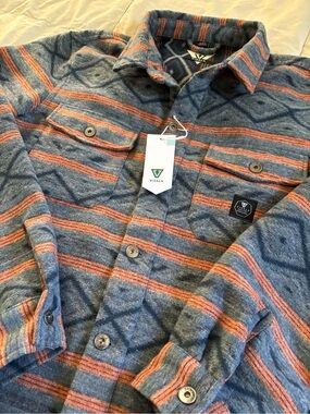 VISSLA west coast flannel overshirt MenXL Heather Blue Shirt with Orange Stripe